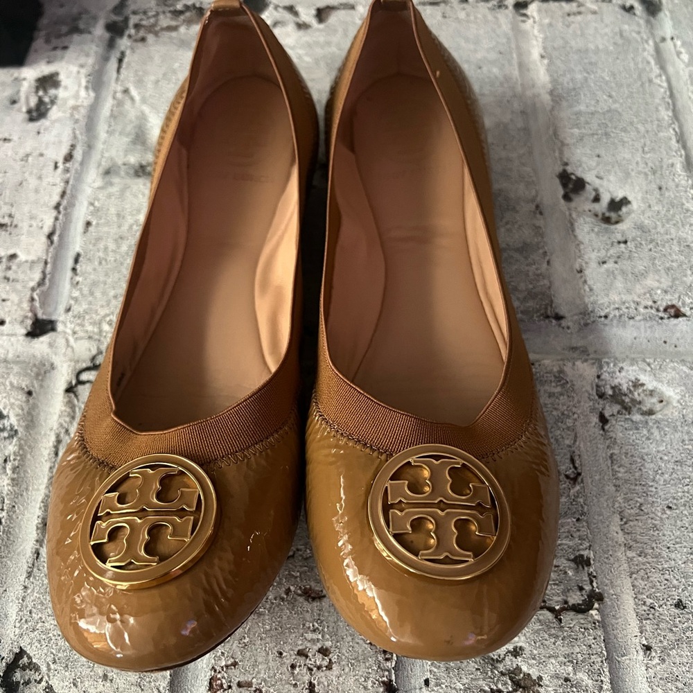 Tory Burch Tan Patent Flats with Gold Emblem